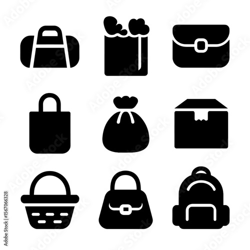 Black Bag Icons. Solid, filled icon set of bags and containers: duffel bag, grocery sack, messenger bag, tote bag, drawstring