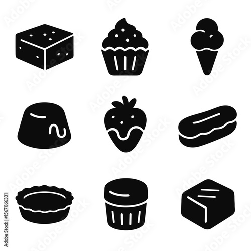Black Chocolate Desserts Grid. Solid, filled icon set of chocolate desserts: chocolate brownie, chocolate cupcake, chocolate ice