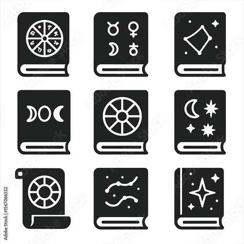 Astrology Icons Grid. Solid, filled icons set of astrology and planetary magic books: zodiac chart, planetary