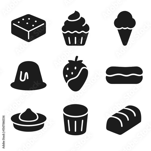 Black Chocolate Desserts Grid. Solid, filled icon set of chocolate desserts: chocolate brownie, chocolate cupcake, chocolate ice