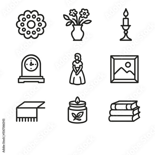 Interior Accent Icons. Outline icon set of interior styling accents: lace doily, floral arrangement vase, candlestick holder,