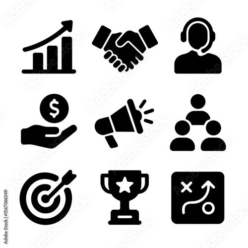 Business Icon Grid. Solid, filled icon set of business growth and support: growth chart, partnership handshake, customer support,