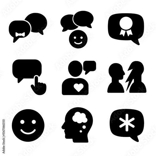 Black Dialogue Icons. Solid, filled icon set of dialogue styles: formal, informal, persuasive, instructional, empathetic,