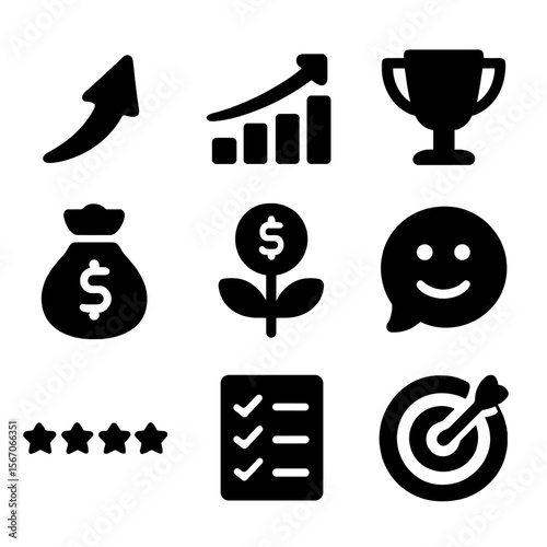 Business Growth Icons. Solid, filled icon set of business growth and success: upward arrow, bar chart, trophy, money bag, growth