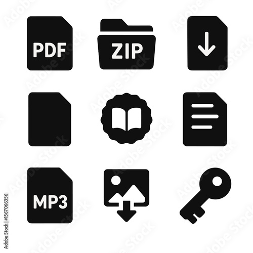 Black Download Icons Set. Solid, filled icon set of CTAs for digital downloads: PDF icon, ZIP folder, download arrow, file icon,