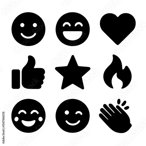 Black Emoticon Grid. Solid, filled icon set of group emotions: smiley face, laughing face, heart, thumbs up, star, fire, applause,
