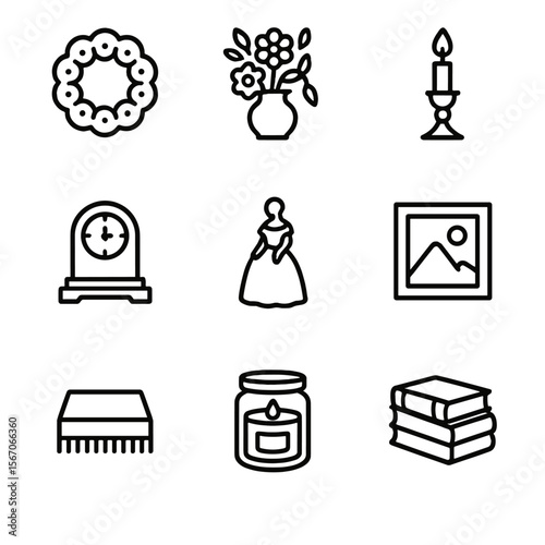 Interior Accent Icons. Outline icon set of interior styling accents: lace doily, floral arrangement vase, candlestick holder,