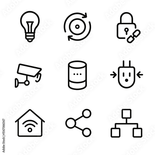 IoT Smart Home Icons. Outline icon set of IoT and smart home device sync: smart bulb syncing, thermostat with sync arrows, smart
