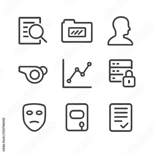Investigative Journalism Icons. Outline icon set of investigative journalism: magnifying glass over document, confidential file