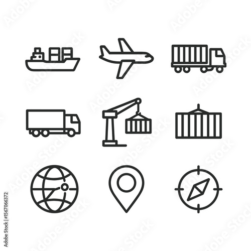 International Shipping Icons. Outline icon set of international shipping routes: cargo ship, freight airplane, intermodal train,