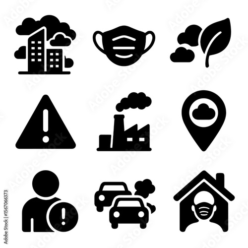 Air Pollution Icons. Solid, filled icons set of air pollution awareness: city smog icon, mask symbol, clean