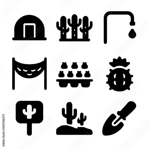 Cactus Farming Icons. Solid, filled icon set of cactus farming: greenhouse frame, cactus row, irrigation tube, shade cloth,