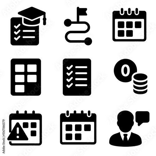 Academic Planning Icons. Solid, filled icons set of academic planning: degree tracker, roadmap chart, semester