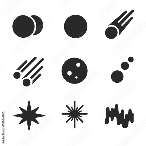 Celestial Event Icons. Solid, filled icon set of celestial events: solar eclipse, lunar eclipse, comet pass, meteor shower,