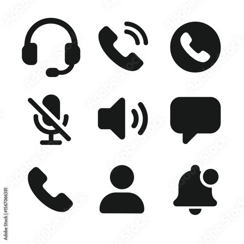 Black Communication Icons. Solid, filled icon set of answering work calls with the headset: headset with microphone, ringing phone