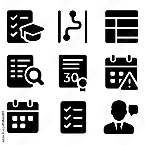 Academic Planning Icons. Solid, filled icons set of academic planning: degree tracker, roadmap chart, semester
