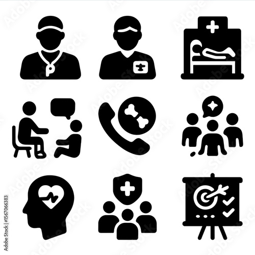 Athlete Support Icons. Solid, filled icons set of athletic support systems: coach support icon,