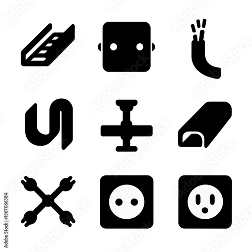 Cable and Wiring Icons. Solid, filled icon set of cable and wiring channels: cable tray, conduit box, electrical wire, wire clip,
