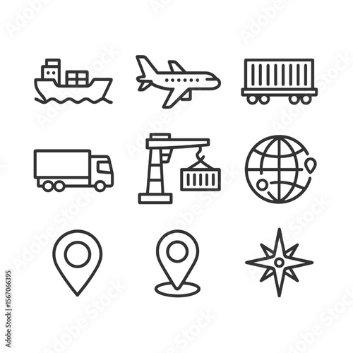 International Shipping Icons. Outline icon set of international shipping routes: cargo ship, freight airplane, intermodal train,