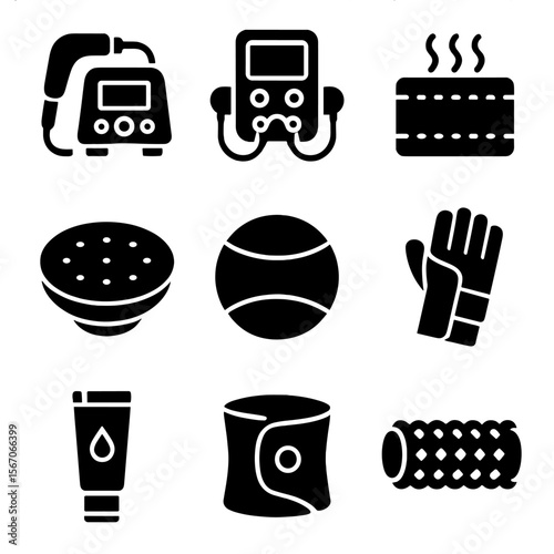 Athletic Therapy Tools Icons. Solid, filled icons set of athletic physiotherapy tools: ultrasound device,