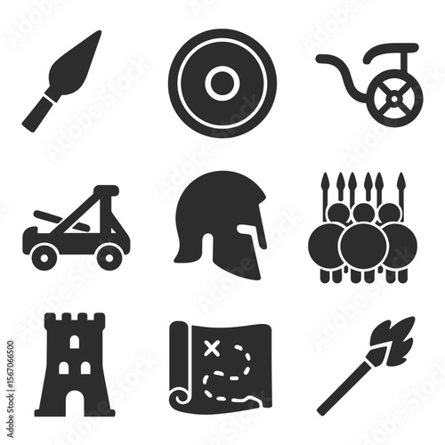 Ancient Warfare Icons. Solid, filled icons set of ancient warfare: spearhead, round shield, chariot, catapult,