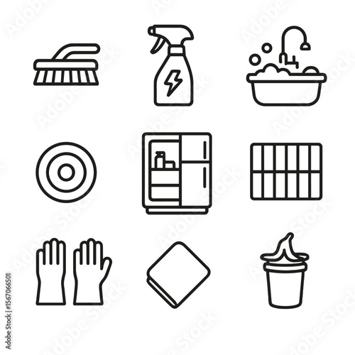 Kitchen Cleaning Icon Set. Outline icon set of deep kitchen cleaning: scrub brush, degreaser spray bottle, sink basin with suds,