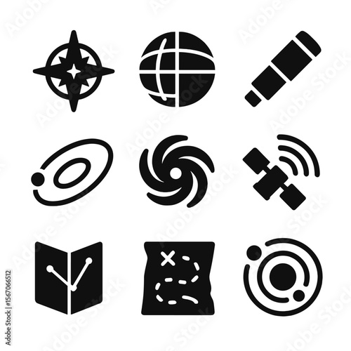 Celestial Navigation Icons. Solid, filled icon set of Milky Way map and navigation: star compass, celestial coordinates, telescope