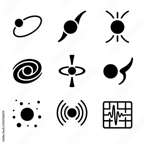Black Hole Icon Set. Solid, filled icon set of Black hole interaction: star orbit, matter falling, gravitational pull, light