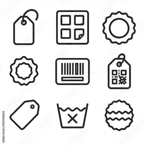 Label and Tag Icons. Outline icon set of label and tag design samples: hang tag with string, sticker sheet, embossing seal, foil