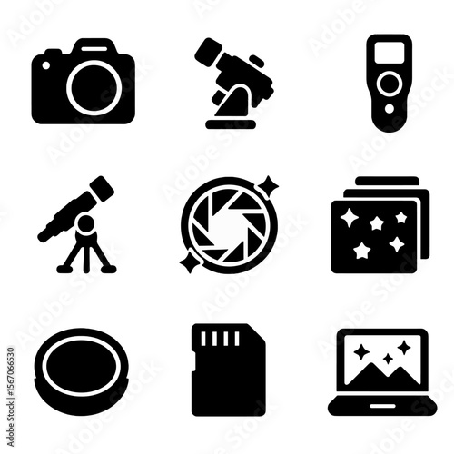 Astrophotography Essentials Icons. Solid, filled icons set of astrophotography essentials: DSLR body, star