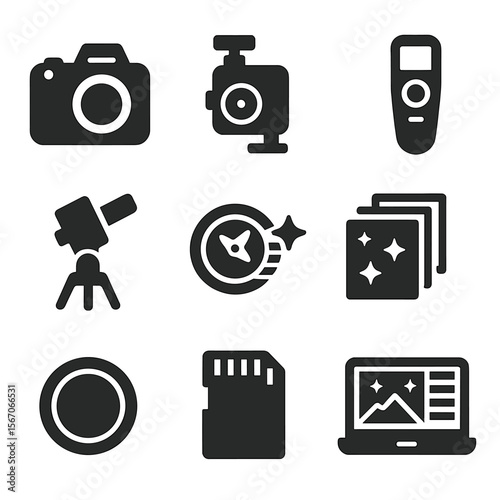 Astrophotography Essentials Icons. Solid, filled icons set of astrophotography essentials: DSLR body, star