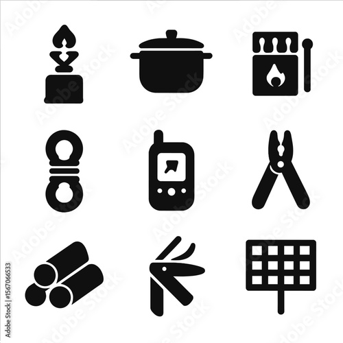 Camping Gear Icons. Solid, filled icon set of camping gear essentials: stove, pot, matches, axe, rope, GPS, multitool, firewood,