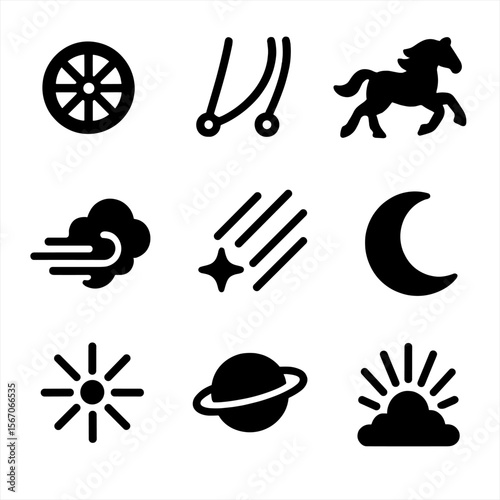 Celestial Chariot Icon Set. Solid, filled icon set of celestial chariot elements: wheels, reins, horses galloping, clouds trailing