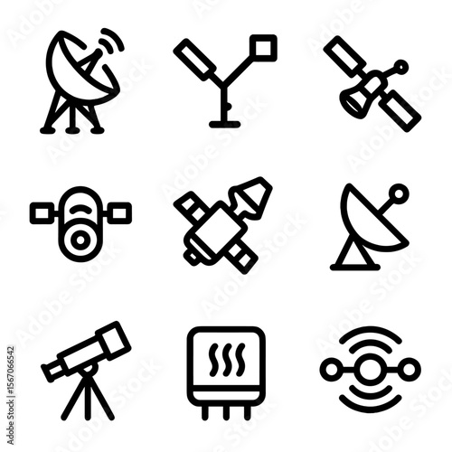 Black Hole Instruments Icons. Solid, filled icon set of Black hole detection instruments: event horizon telescope, LIGO, Virgo