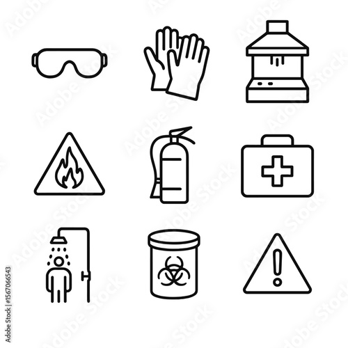 Laboratory Safety Icons. Outline icon set of safety and protocol in lab: safety goggles, protective gloves, fume hood, hazard