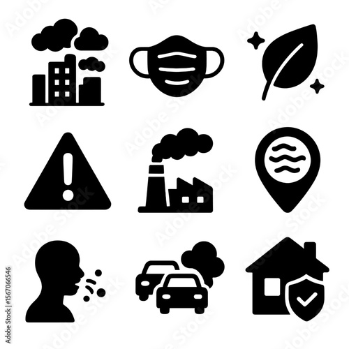 Air Pollution Icons. Solid, filled icons set of air pollution awareness: city smog icon, mask symbol, clean