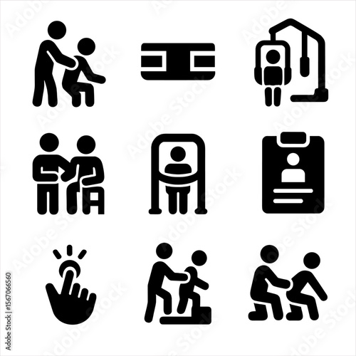 Caregiver Physiotherapy Icons. Solid, filled icon set of caregiver-assisted physiotherapy: caregiver figure, support belt,