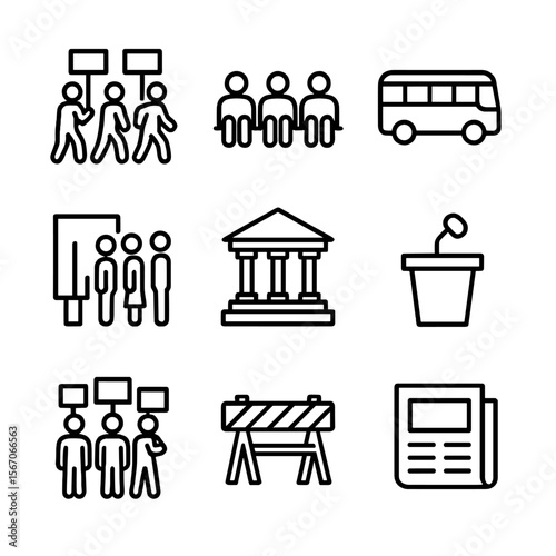 Landmark Protest Icons. Outline icon set of landmark demonstrations: mass protest march, sit-in demonstration, freedom riders bus