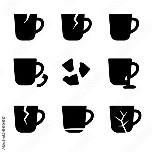 Ceramic Mug Damage Icons. Solid, filled icon set of ceramic mug damage types: hairline crack, large fracture, chipped rim, broken