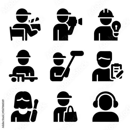 Camera Crew Icons. Solid, filled icon set of camera crew roles: director, camera operator, gaffer, grip, boom operator, script