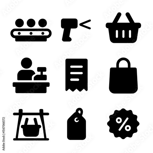 Checkout Process Icons. Solid, filled icon set of store checkout process: conveyor belt, scanner light, shopping basket, cashier