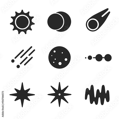 Celestial Event Icons. Solid, filled icon set of celestial events: solar eclipse, lunar eclipse, comet pass, meteor shower,