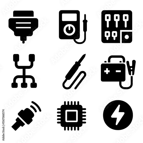 Car Electronics Icons. Solid, filled icon set of car electronics and diagnostics: OBD scanner, multimeter, fuse box, wiring