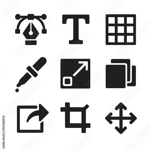Card Design Tool Icons. Solid, filled icon set of card design tools: pen tool, text box, alignment grid, color picker, resize