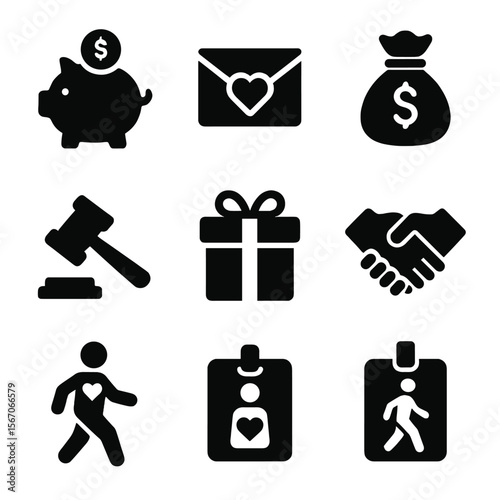 Charity Icon Grid. Solid, filled icon set of charity and fundraising: piggy bank, donation envelope, money bag, fundraising event,