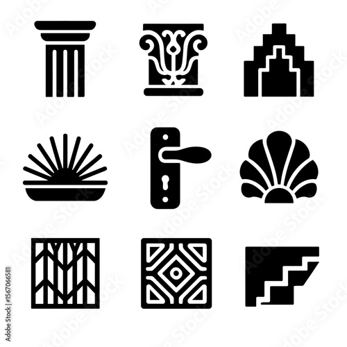 Art Deco Icon Grid. Solid, filled icons set of architectural Art Deco elements: fluted column, decorative