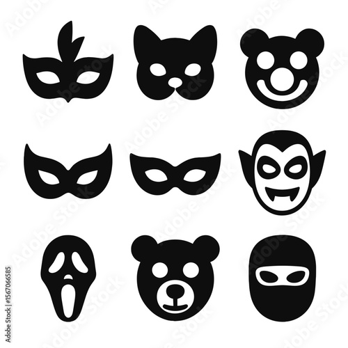 Black Party Masks Grid. Solid, filled icon set of party masks: Venetian mask, animal face mask, clown nose, superhero mask,