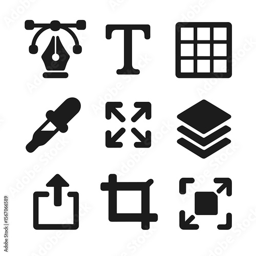 Card Design Tool Icons. Solid, filled icon set of card design tools: pen tool, text box, alignment grid, color picker, resize
