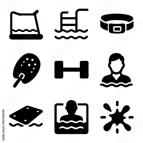 Aquatic Therapy Tools Icons. Solid, filled icons set of aquatic therapy tools: water treadmill, pool steps,