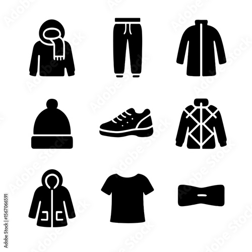 Casual Winter Wear Icons. Solid, filled icon set of casual winter wear: hoodie with scarf, fleece joggers, zip-up coat, snow